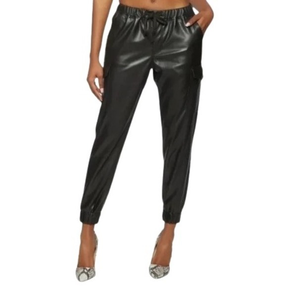 Almost‎ Famous Faux Leather Cargo Jogger Pants Drawstring Black M - Picture 1 of 9